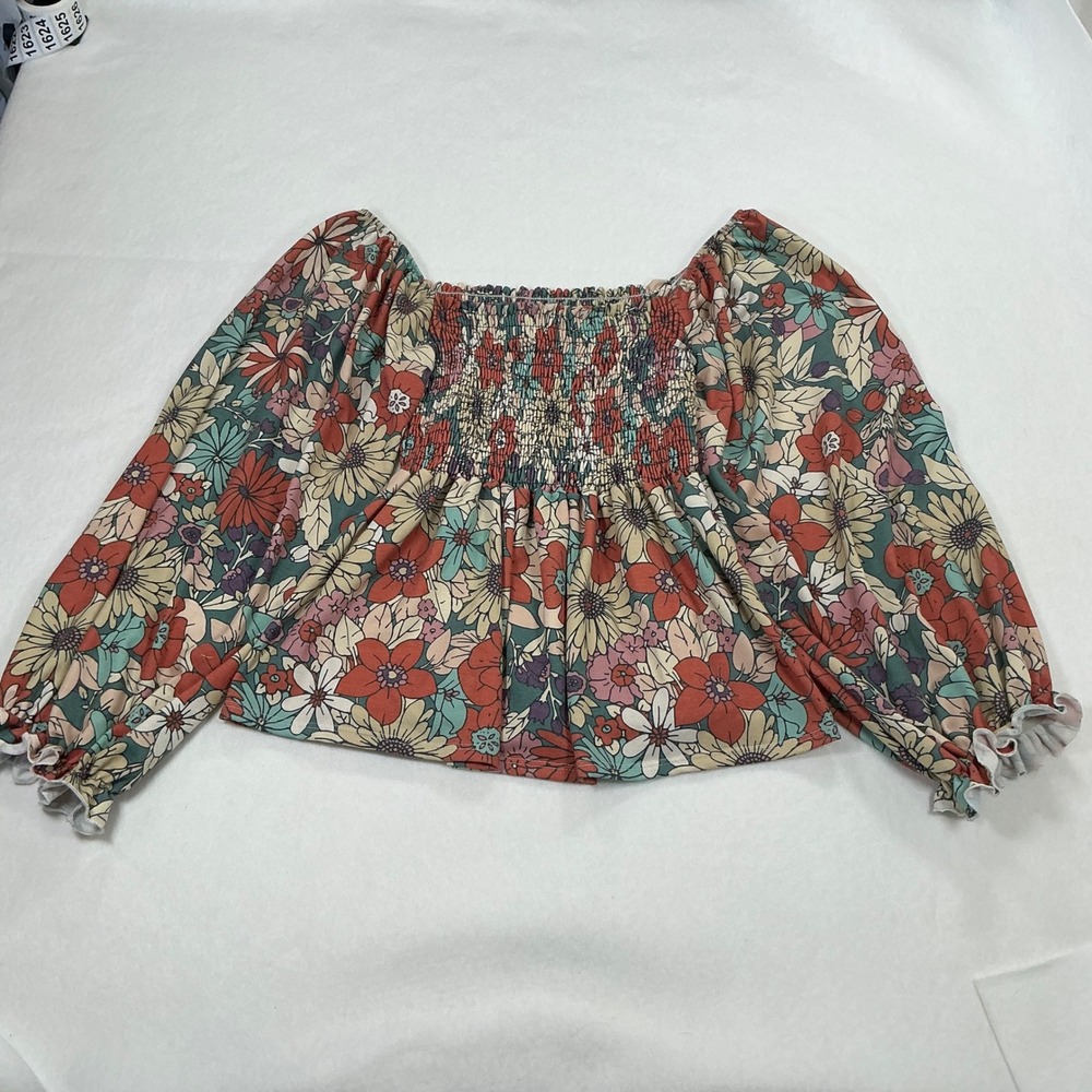 Bibi Floral Smocked Puff Sleeve Blouse Rust Teal Square Neck Top Boho 1617